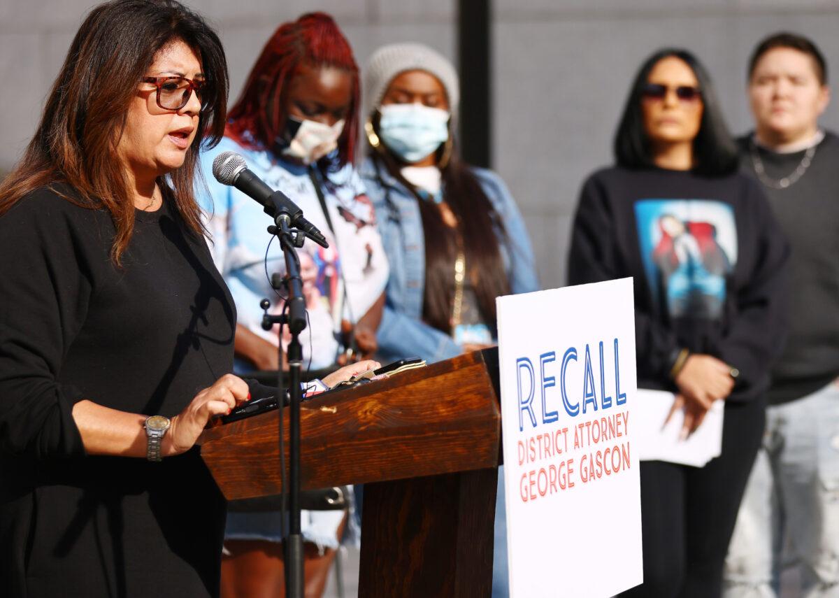 Farida Baig, whose father Shahid Ali Baig was murdered in 1980, speaks at a press conference by supporters of an effort to recall Los Angeles District Attorney Gascon in Los Angeles on Dec. 6, 2021. (Mario Tama/Getty Images)