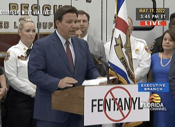 Florida Gov. Ron DeSantis addresses the media during a bill signing in Lakeland, Fla., on May 19, 2022. (WTVT via The Florida Channel/Screenshot via The Epoch Times)