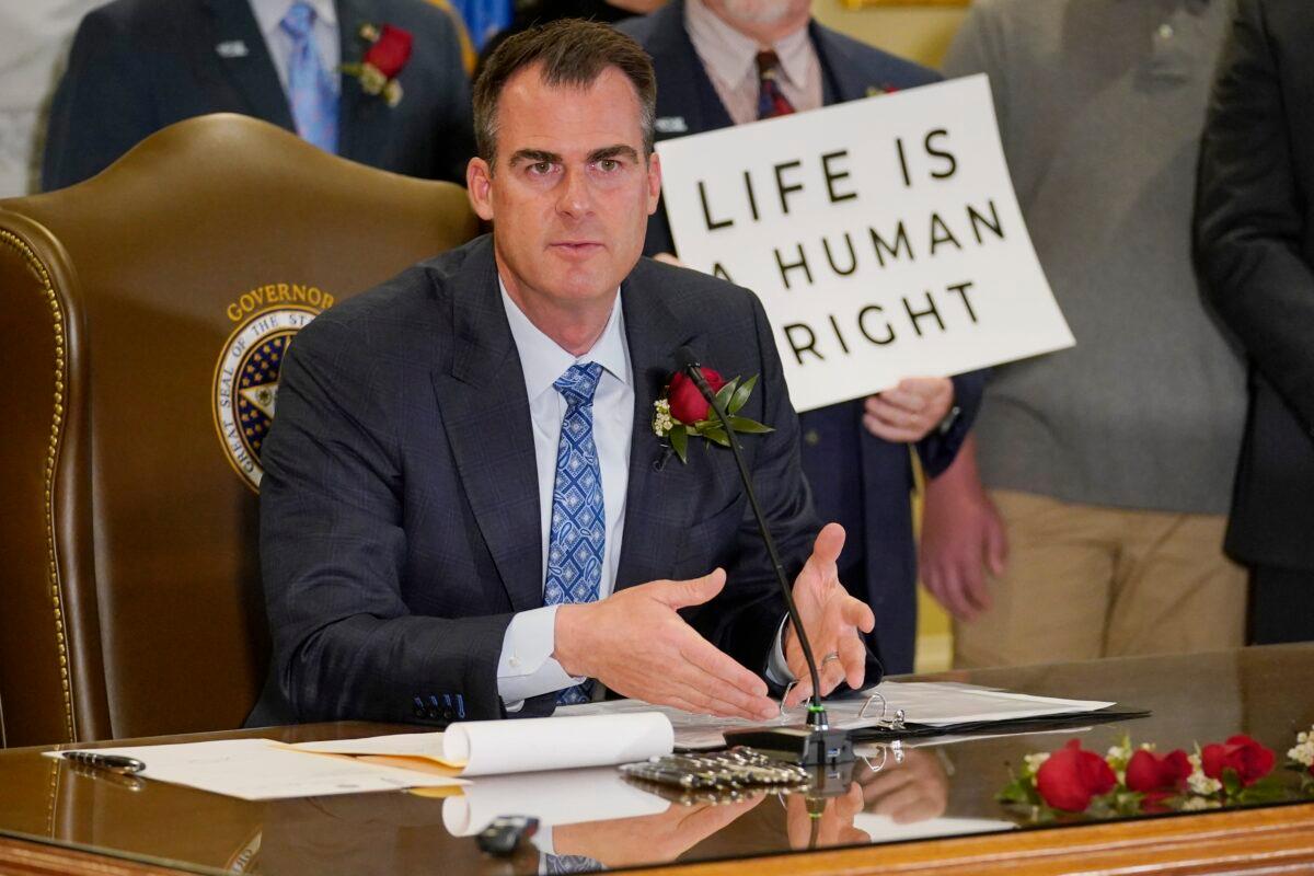 Oklahoma Gov. Kevin Stitt speaks after signing into law a prolife bill in Oklahoma City, Okla., on April 12, 2022. (Sue Ogrocki/AP Photo)