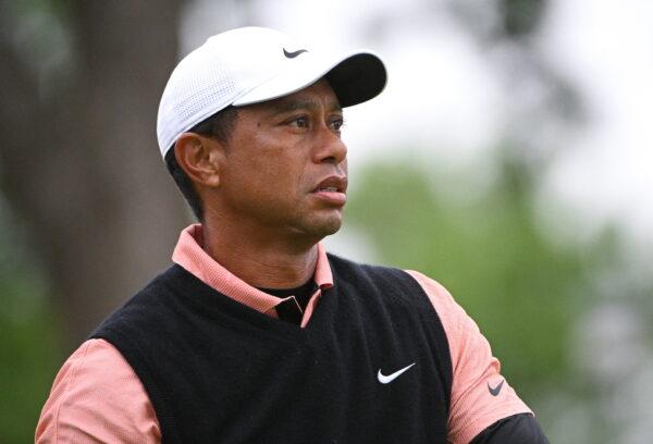 Tiger Woods looks on from the second tee during the third round of the PGA Championship golf tournament at Southern Hills Country Club in Tulsa, Okla., on May 21, 2022. (Orlando Ramirez/USA TODAY Sports via Reuters)