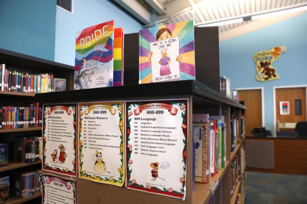 Newly donated LGBTQ+ books are displayed in the library at Nystrom Elementary School in Richmond, Calif., on May 17, 2022. (Justin Sullivan/Getty Images)