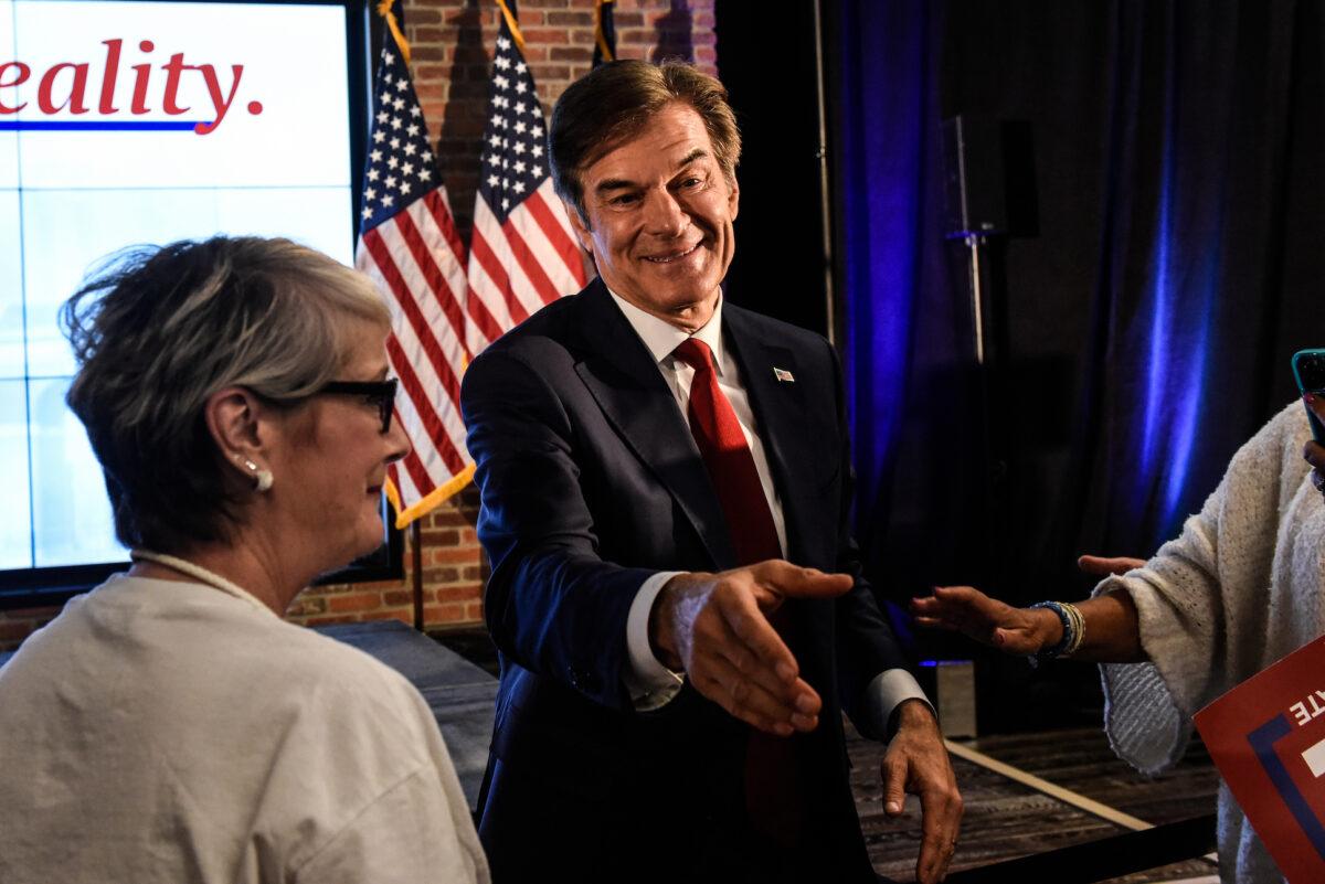 Republican U.S. Senate candidate Mehmet Oz greets supporters after the primary race resulted in an automatic recount due to close results in Newtown, Pa., on May 17, 2022. (Stephanie Keith/Getty Images)