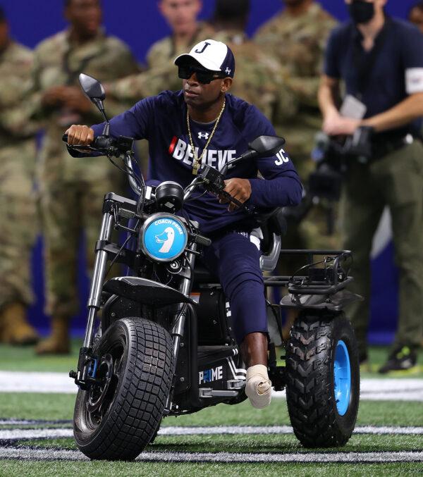 Head coach Deion Sanders of the Jackson State Tigers looks on during pregame warmups prior to facing the South Carolina State Bulldogs in the Cricket Celebration Bowl at Mercedes-Benz Stadium, in Atlanta, Georgia, on December 18, 2021. (Kevin C. Cox/Getty Images)