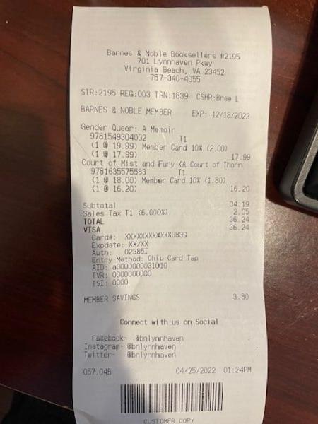 Tim Anderson's purchase receipt of “Gender Queer” and “A Court of Mist and Fury” from a Barnes and Noble store in Virginia Beach, Va., on Apr. 25, 2022. (Courtesy of Tim Anderson)