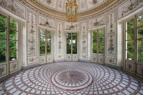 Royal Architect Richard Mique’s octagonal Belvedere continues the refined neoclassical design of the Petit Trianon with subtle material color and classical design motifs. (T. Garnier/Château de Versailles)