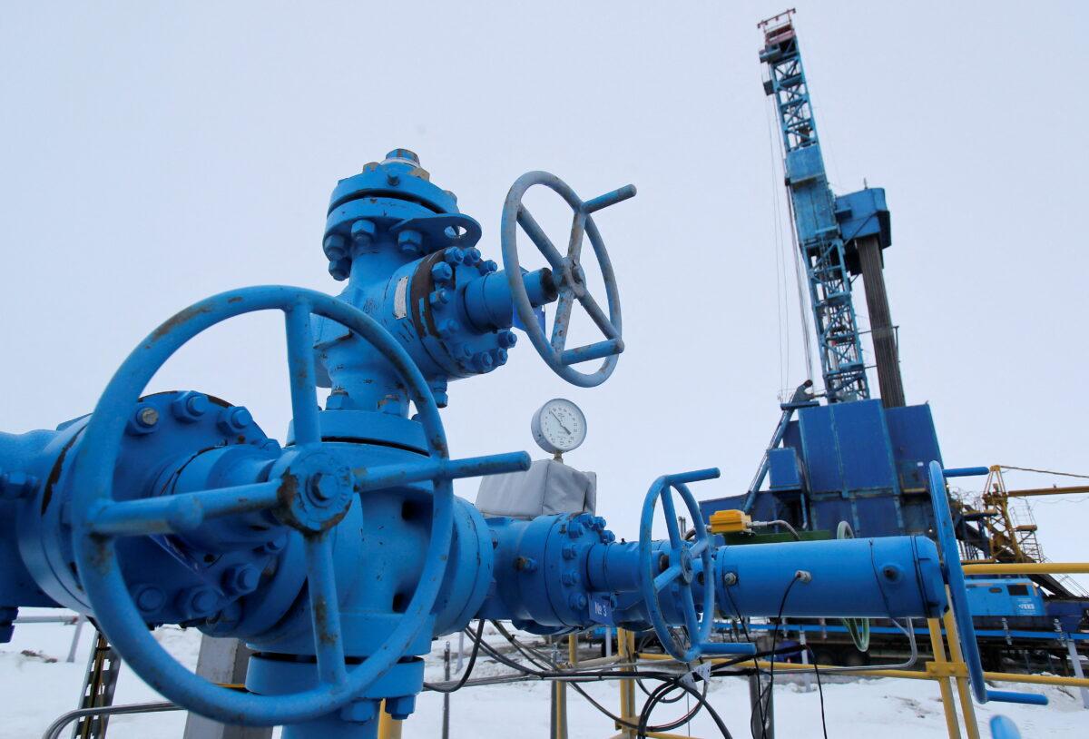 Valves near a drilling rig at a gas processing facility, operated by Gazprom company, at Bovanenkovo gas field on the Arctic Yamal peninsula, Russia, on May 21, 2019. (Maxim Shemetov/Reuters)