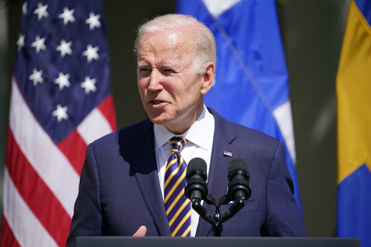 President Joe Biden, alongside Sweden's Prime Minister Magdalena Andersson and Finland's President Sauli Niinistö (out of frame), speaks in the Rose Garden following a meeting at the White House in Washington on May 19, 2022. (Mandel Ngan/AFP via Getty Images)