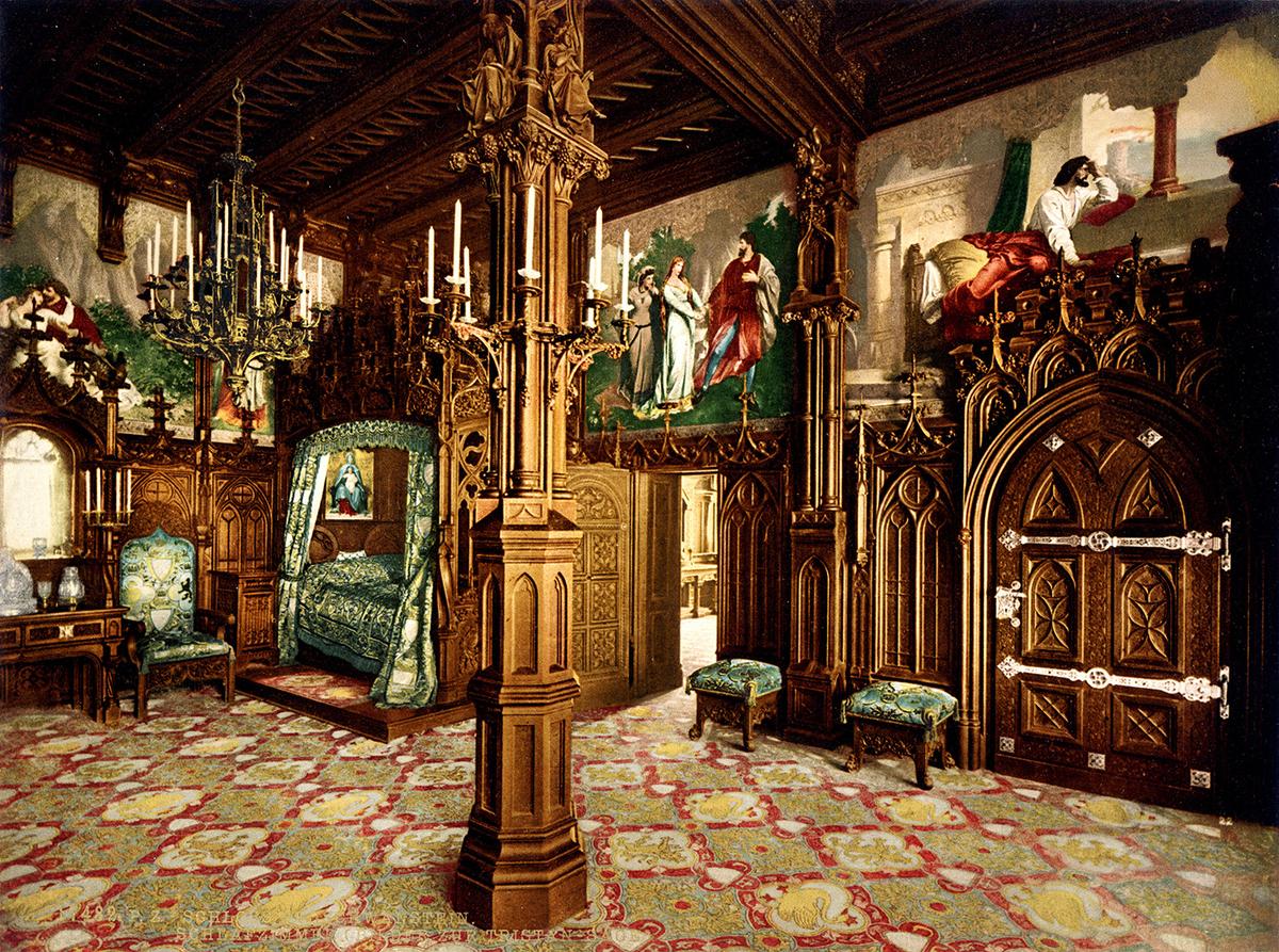Colorized black-and-white photo of the king's bedroom at Neuschwanstein Castle. Photographed by Joseph Albert in 1886. Library of Congress. (Public Domain)