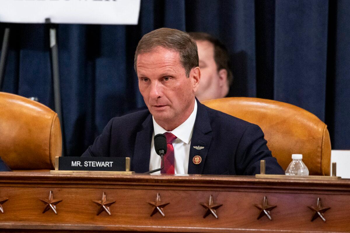 Rep. Chris Stewart (R-Utah) questions Gordon Sondland, the U.S ambassador to the European Union, during a hearing before the House Intelligence Committee in the Longworth House Office Building on Capitol Hill in Washington, on Nov. 20, 2019. (Samuel Corum - Pool/Getty Images)