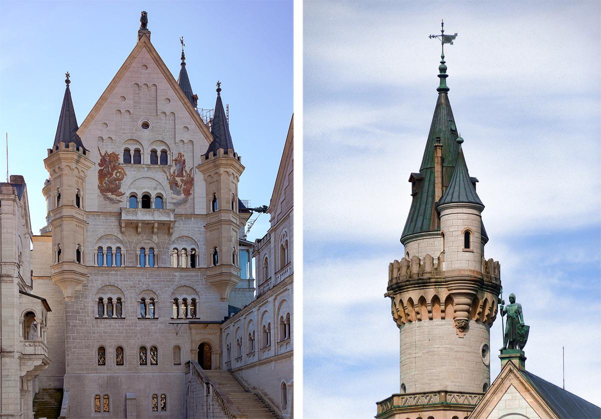 Neuschwanstein's medieval white limestone façade with blue turrets was the inspiration and model for the castle in Disney's "Sleeping Beauty." Photo Left: (Diego Delso/CC-BY-SA) Photo Right: (Alistair Young/flickr/CC BY 2.0)