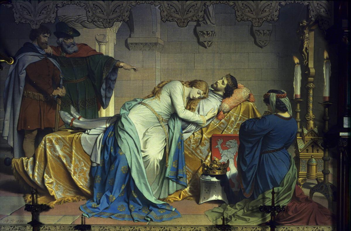 One of the wall murals inside the King's bedroom at Neuschwanstein Castle depicting a scene from the Arthurian Romance "Tristan and Isolde." Mural painted by August Spiess in 1880. (Public Domain)