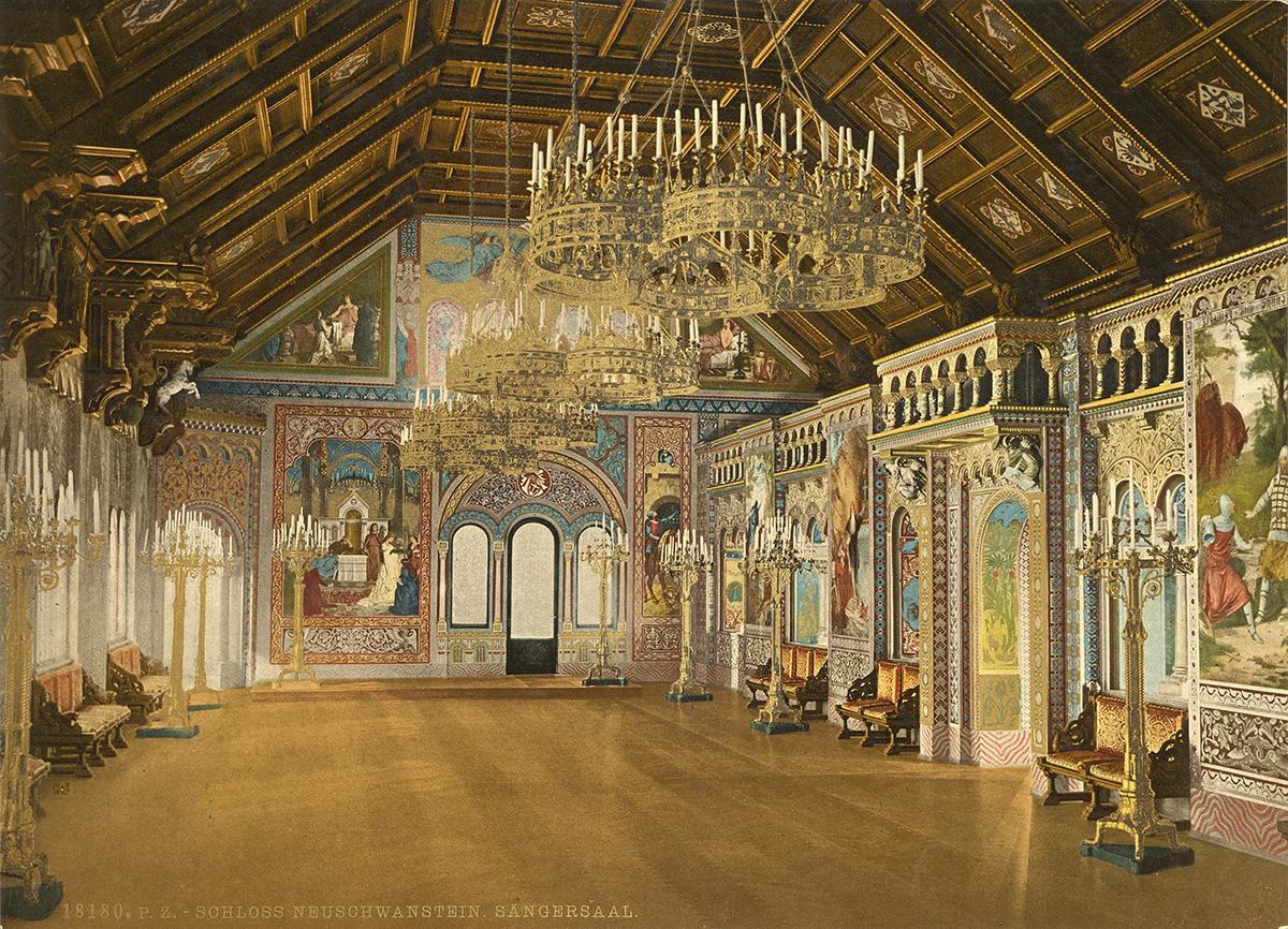 The Singers' Hall was one of the most important room in the castle. Dedicated to Richard Wagner, the hall is decorated with scenes from the legend of Parzival and the Holy Grail. Colorized black-and-white photo originally photographed by Joseph Albert in 1886. Library of Congress. (Public Domain)