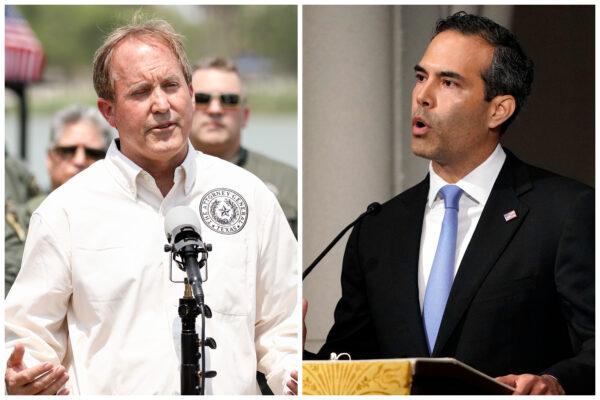 Texas Attorney General Ken Paxton (L) is facing George P. Bush in the GOP primary election runoff in Texas on May 23, 2022. (Charlotte Cuthbertson/The Epoch Times and David J. Phillip-Pool/Getty Images)