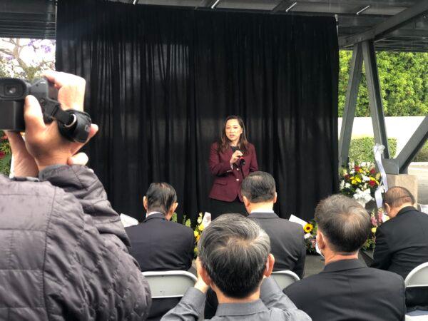 Yorba Linda City Councilwoman Peggy Huang speaks to members of the Taiwanese community to mourn and honor the victims of a mass shooting at the Presbyterian Church in Laguna Woods, Calif., on May 21, 2022. (Brandon Drey/The Epoch Times)