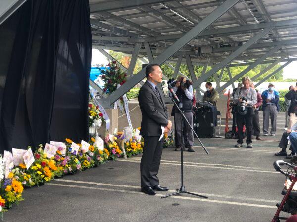 Richard Lin speaks to members of the Taiwanese community to mourn and honor the victims of a mass shooting at the Presbyterian Church in Laguna Woods, Calif., on May 21, 2022. (Brandon Drey/The Epoch Times)