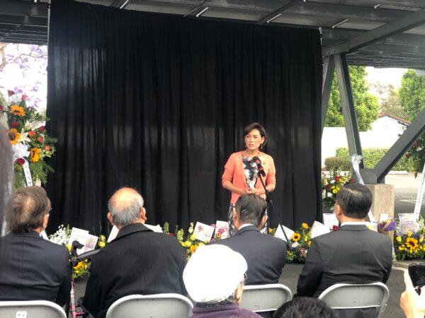 Rep. Young Kim (R-Calif.) speaks to members of the Taiwanese community to mourn and honor the victims of a mass shooting at the Presbyterian Church in Laguna Woods, Calif., on May 21, 2022. (Brandon Drey/The Epoch Times)