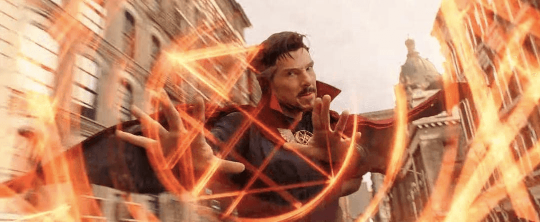 Doctor Strange (Benedict Cumberbatch) making some highly suspect, pentagram-looking magical portal-opening thingies in "Doctor Strange in the Multiverse of Madness." (Marvel Studios)