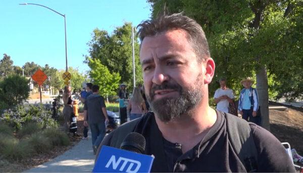 Private investigator Brian O’Shea speaks with NTD Television at the Humanity Against Censorship rally in front of Meta headquarters in Menlo Park, Calif. on May 19, 2022. (screenshot via NTD Television)