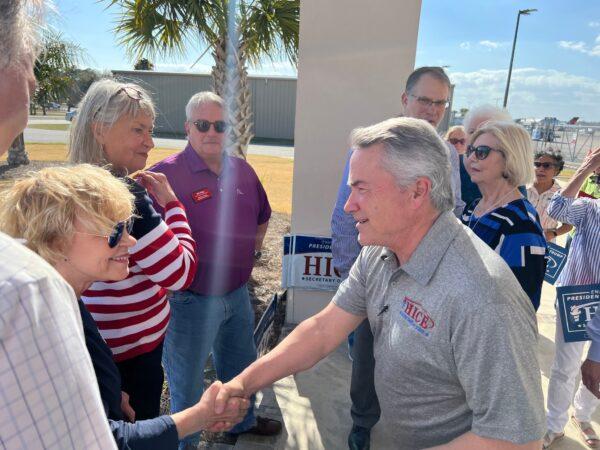 U.S. Rep.  Jody Hice (R-Ga.) greets voters during a stop on his Fly Around Tour of the state in February 2022. He was hoping to unseat incumbent Secretary of State Brad Raffensperger in the primary election on May 24, 2022. (Courtesy of the Team Hice campaign)