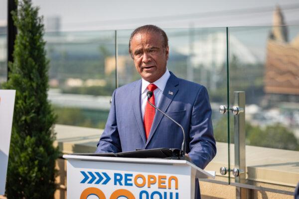 Mayor of Anaheim Harry Sidhu spoke at a broadcasted event in Anaheim, Calif., on Sept. 16, 2020. (John Fredricks/The Epoch Times)