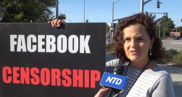 Rally co-organizer Terry Bottari speaks with NTD Television at the Humanity Against Censorship rally in front of Meta headquarters in Menlo Park, Calif. on May 19, 2022. (screenshot via NTD Television)