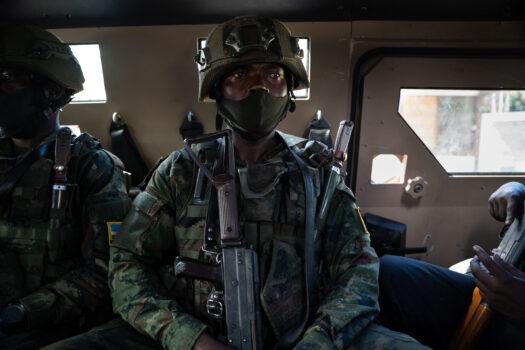 A Rwandan soldier travels in an armoured vehicle in Cabo Delgado, Mozambique, on Sept. 22, 2021. (Photo by Simon Wohlfahrt/AFP via Getty Images)