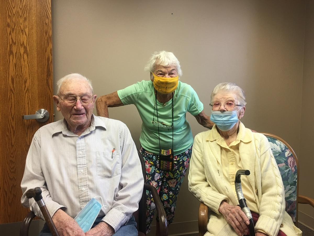 Norma (C) with 100-year-old Jim Patterson, her first boyfriend, and his wife in Oshkosh, Nebraska. (Courtesy of Teresa McFarland)