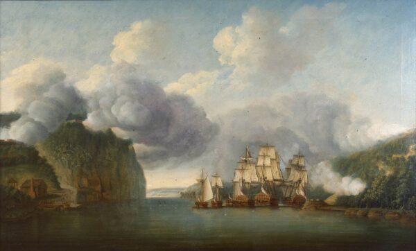 “Forcing a Passage of the Hudson River” by Thomas Mitchell, 1776–1799. Oil on canvas. National Maritime Museum. This painting, depicting British naval ships pushing their way past Forts Washington and Lee, is a copy of an original rendering by Dominic Serres the Elder. (Public Domain)