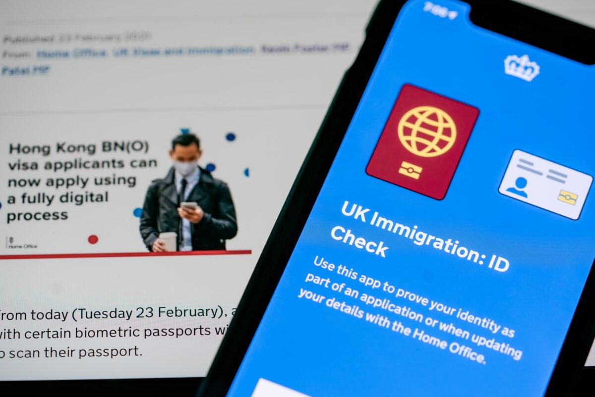 In this photo illustration, the UK Immigration: ID Check app on a mobile phone is seen in Hong Kong, China, on Feb. 23, 2021. (Anthony Kwan/Getty Images)