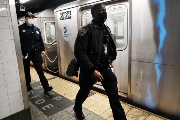 Police search for a suspect in a Times Square subway station in New York City following a call to police from riders on April 25, 2022. (Spencer Platt/Getty Images)