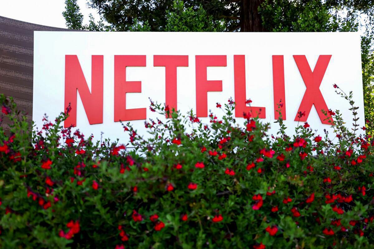 A sign is posted in front of Netflix headquarters in Los Gatos, Calif., on April 20, 2022. (Justin Sullivan/Getty Images)