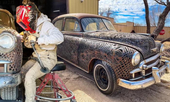 Texas Tack Welder Carves Elaborate Lace Pattern Body for 1950s Chevy to Create Heavy Metal Artwork