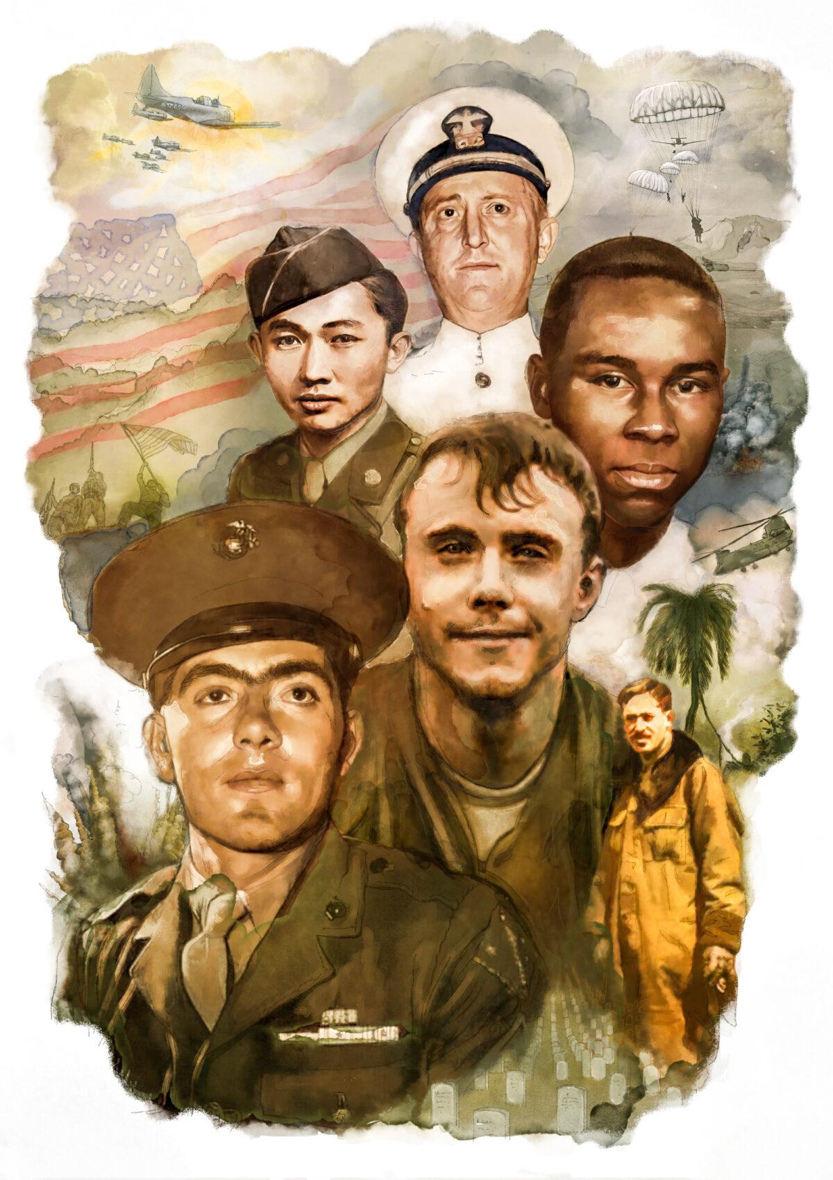 (Top to bottom) Comdr. Howard Gilmore, Pfc. Kiyoshi Muranaga, Pfc. Garfield Langhorne, Staff Sgt. Robert Miller, and Sgt. John Basilone are some of the brave men who received the Medal of Honor. (Bottom R) World War I aviator Kiffin Yates Rockwell was posthumously awarded the Cross of the Legion of Honor. (Biba Kajevic)