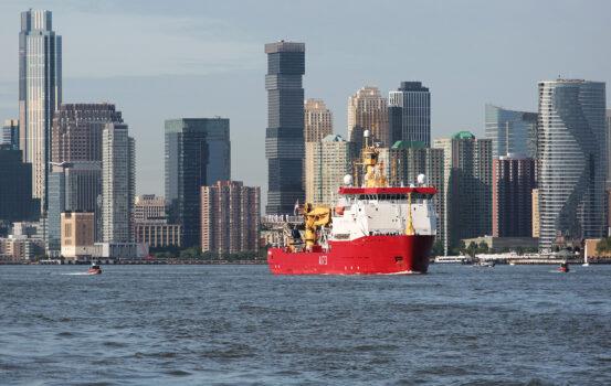 The Royal Navy's HMS Protector sails up the Hudson River in New York on May 25, 2022. (Richard Moore/The Epoch Times)