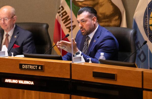 Anaheim city councilman Avelino Valencia addresses a member of the public during the first Anaheim City Council meeting since the mayoral resignation of former mayor Harry Sidhu in Anaheim, Calif., on May 24, 2022. (John Fredricks/The Epoch Times)