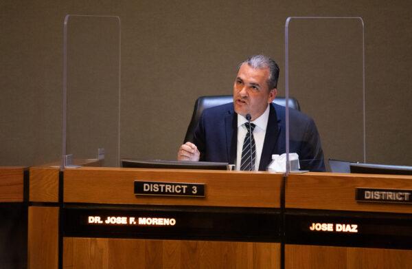 Anaheim City Councilman Jose Moreno motions to void the Angel Stadium sale in Anaheim, Calif., on May 24, 2022. (John Fredricks/The Epoch Times)