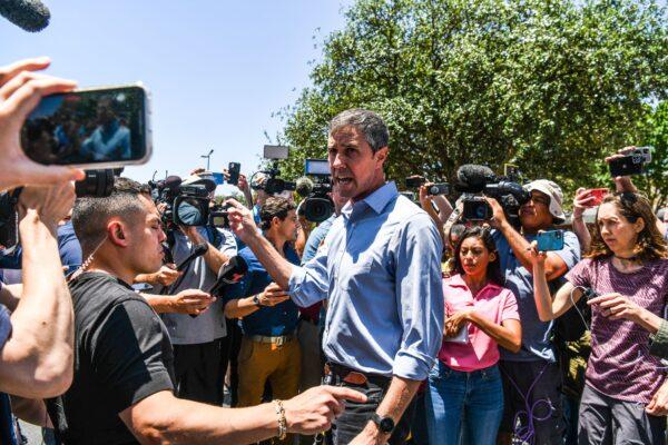 Democratic gubernatorial candidate Beto O'Rourke speaks to the media after interrupting a press conference held by Texas Gov. Greg Abbott in Uvalde, Texas, on May 25, 2022. (Chandan Khanna/AFP via Getty Images)