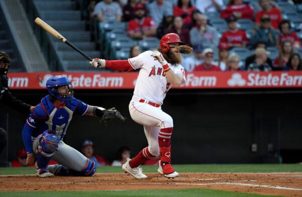 Brandon Marsh #16 of the Los Angeles Angels bats against starting pitcher Dane Dunning #33 of the Texas Rangers during the second inning at Angel Stadium of Anaheim, in Anaheim, on May 24, 2022 (Kevork Djansezian/Getty Images)