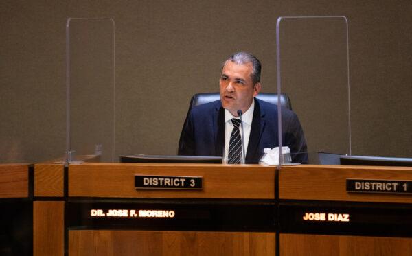 Anaheim city councilman Dr. Jose Moreno attends a city council meeting in Anaheim, Calif., on May 24, 2022. (John Fredricks/The Epoch Times)
