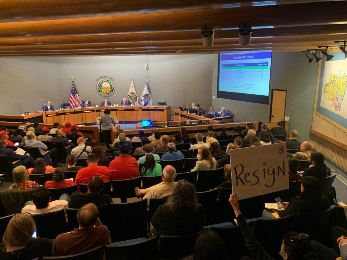 Members of the public make public comments during an Anaheim City Council meeting in Anaheim, Calif., on May 24, 2022. (John Fredricks/The Epoch Times)
