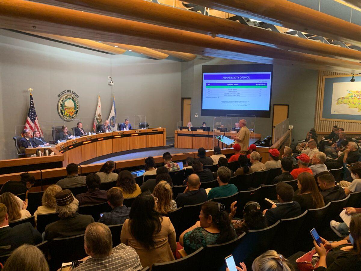 A city council meeting at City Hall in Anaheim, Calif., on May 24, 2022. (John Fredricks/The Epoch Times)
