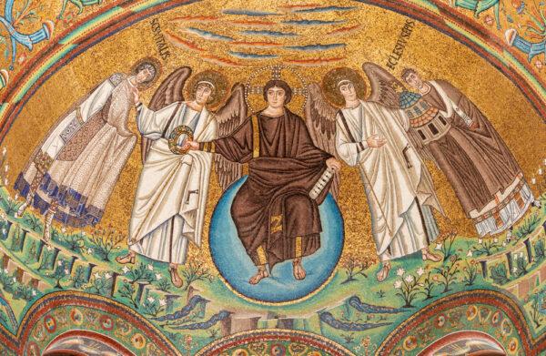 Depicted in this mosaic in the Basilica of San Vitale are (L-R) St. Vitalis, archangel, Jesus Christ, a second archangel, and Ecclesius, the bishop of Ravenna. (Renata Sedmakova/Shutterstock)