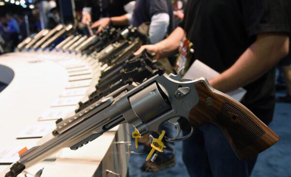 Handguns displayed at the 2016 National Shooting Sports Foundation's Shooting, Hunting, Outdoor Trade Show at the Sands Expo and Convention Center in Las Vegas, Nev., on Jan.19, 2016. (Ethan Miller/Getty Images)