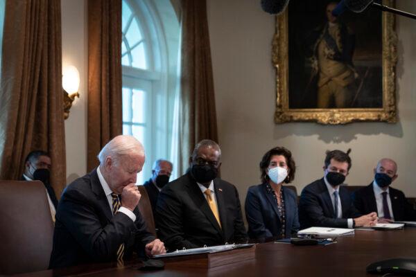 President Joe Biden pauses while speaking during a cabinet meeting in the Cabinet Room of the White House in Washington on Nov. 12, 2021. (Drew Angerer/Getty Images)