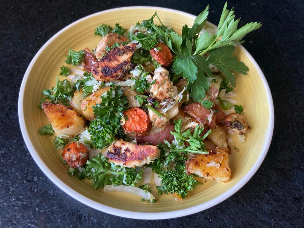 Sturdy curly parsley does the heavy lifting in this potato salad, lending its bulk and herbal flavor to puffy potatoes and lemony chicken. (Ari LeVaux)