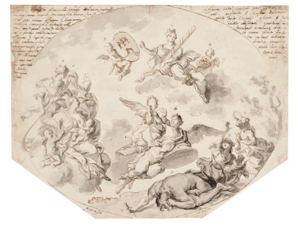 "Allegory to the Royal Wedding" by Pedro Alexandrino de Carvalho. Ink wash outlined in sepia ink on folded paper. Courtesy of the National Museum of Ancient Art in Lisbon Portugal. (Public Domain)