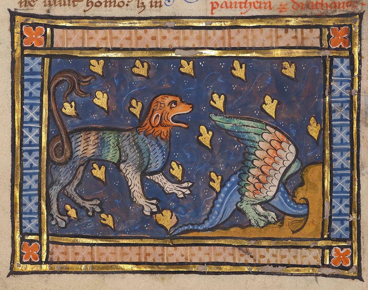 "Wiþerling" is an adversary. A panther scaring a dragon in a bestiary, about 1270. The J. Paul Getty Museum, Los Angeles. (Public Domain)