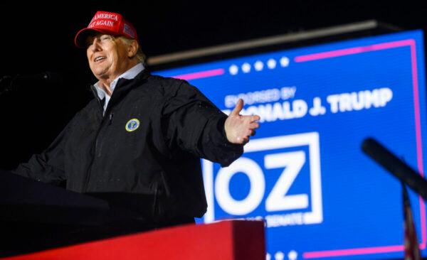 Former president Donald Trump speaks on behalf of Pennsylvania Senatorial candidate Dr. Mehmet Oz at the Westmoreland County Fairgrounds in Greensburg on May 6, 2022. (Jeff Swensen/Getty Images)