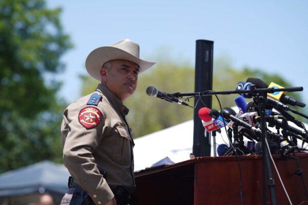 Victor Escalon, regional director of the Texas Department of Public Safety South, gives a press conference in Uvalde, Texas on May 26, 2022, two days after a gunman opened fire and killed 19 children and two teachers at Robb Elementary school. (Allison Dinner/AFP via Getty Images)