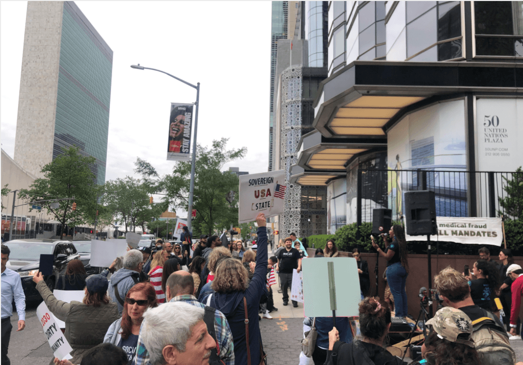 Protestors Against WHO Global Pandemic Treaty Rally Outside UN Headquarters